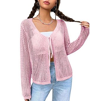 Womens Crochet Tie Front Shrug Sweater Long Sleeves Lightweight Knit Boho Cardigan Tops