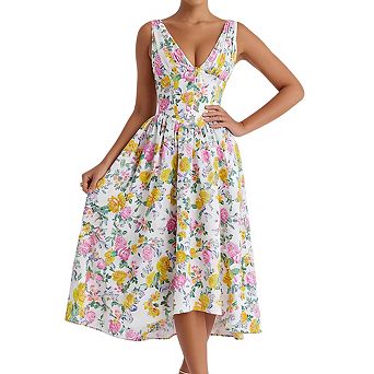 Women's Sleeveless V Neck Midi Dress Corset Waist Floral Side Pockets Casual Dress