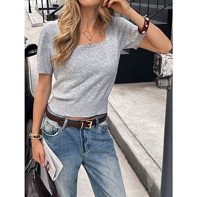 Women's Summer Slim Fit Knit Basic Tee Tops Elegant Short Sleeve Square Neck Solid-Color T Shirt