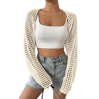 Women's Lightweight Crop Cardigan Crochet Knit Long Sleeve Bolero Shrug Sweater
