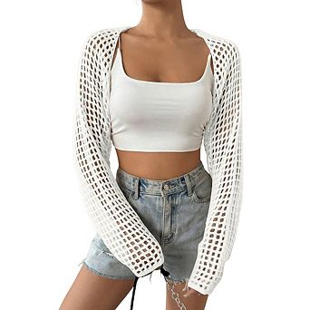 Women's Lightweight Crop Cardigan Crochet Knit Long Sleeve Bolero Shrug Sweater