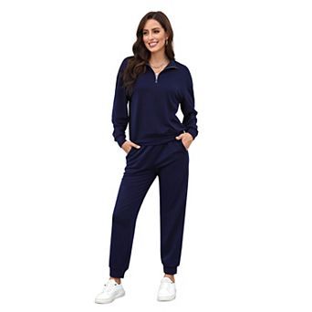 Women's 2 pc Set Pullover Zip Up Sweatshirt Jogger Sweatpants Tracksuit Casual Outfit with Pocket