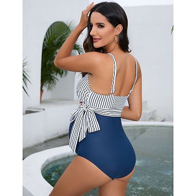Maternity Swimsuit V-Neck One Piece Maternity Monokini Tie Front Bathing Suit Pregnancy Swimwear