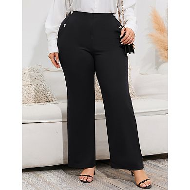 Women's Plus Size High-Waisted Flare Pants Pearl Button Accent Flare-Leg Trousers