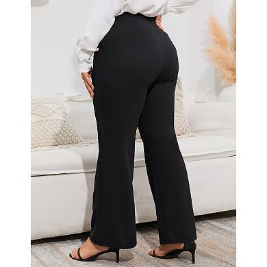 Women's Plus Size High-Waisted Flare Pants Pearl Button Accent Flare-Leg Trousers