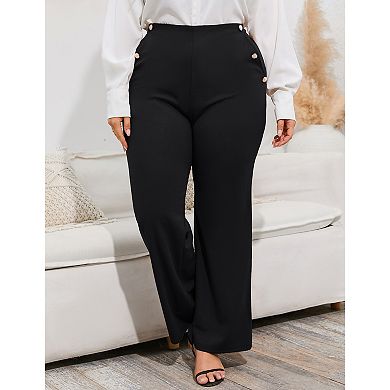 Women's Plus Size High-Waisted Flare Pants Pearl Button Accent Flare-Leg Trousers