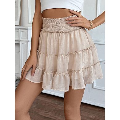 Womens Mini Skirt with Shorts Underneath Smocked Tiered Ruffle Flowy Skirts