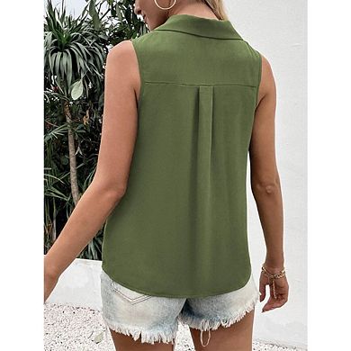 Women's Casual Collar V Neck Button Down Sleeveless Tunic Blouse Shirt Tank Top