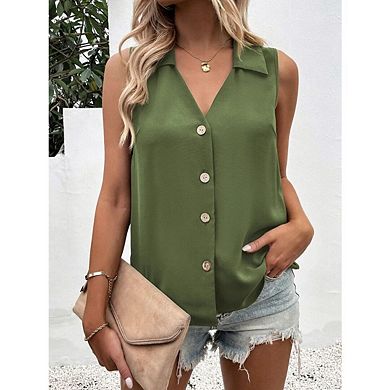 Women's Casual Collar V Neck Button Down Sleeveless Tunic Blouse Shirt Tank Top