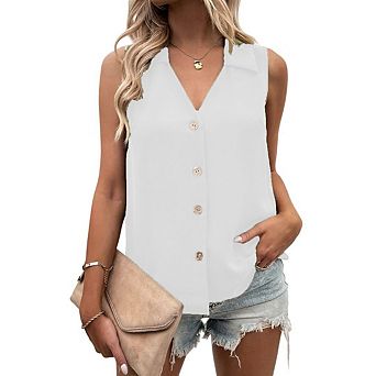 Women's Casual Collar V Neck Button Down Sleeveless Tunic Blouse Shirt Tank Top