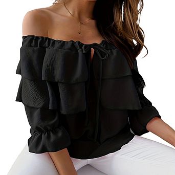 Women's Off Shoulder Ruffle Trendy Summer Fashion Long Sleeve Blouse Casual Dressy Outfits Tops