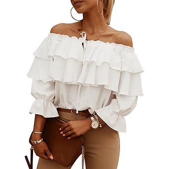 Women's Off Shoulder Ruffle Trendy Summer Fashion Long Sleeve Blouse Casual Dressy Outfits Tops
