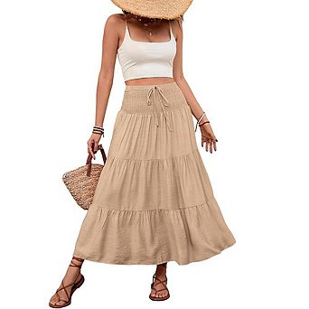 Women's Casual Smocked Midi Skirt Elastic High Waist Boho Ruffle Flowy Drawstring A Line Long Skirt