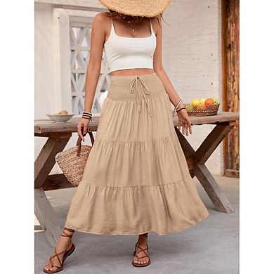 Women's Casual Smocked Midi Skirt Elastic High Waist Boho Ruffle Flowy Drawstring A Line Long Skirt