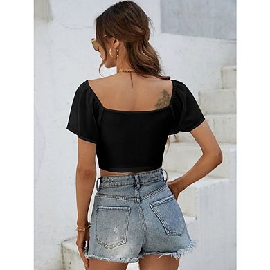 Women's Summer Short Sleeve Chiffon Tops Low-cut Drawstring Front Crop Top Blouse