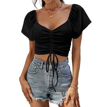 Women's Summer Short Sleeve Chiffon Tops Low-cut Drawstring Front Crop Top Blouse