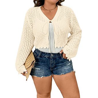 Women's Plus Size Tie Front Cardigan Hollow Out Bell Long Sleeve Crop Knit Tops Shrug Sweater