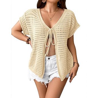 Women's Plus Size Tie Crochet Shrug Short Sleeve Lightweight Cropped Cardigan Sweaters Cover Up