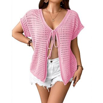 Women's Plus Size Tie Crochet Shrug Short Sleeve Lightweight Cropped Cardigan Sweaters Cover Up