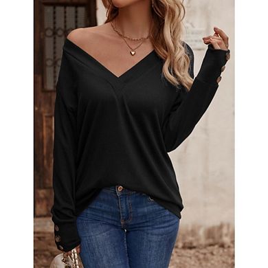 Women Casual Long Sleeve V Neck Sweatshirts Cute Loose Fit Lightweight Pullover Tops