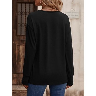 Women Casual Long Sleeve V Neck Sweatshirts Cute Loose Fit Lightweight Pullover Tops