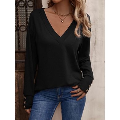 Women Casual Long Sleeve V Neck Sweatshirts Cute Loose Fit Lightweight Pullover Tops