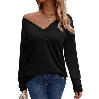 Women Casual Long Sleeve V Neck Sweatshirts Cute Loose Fit Lightweight Pullover Tops
