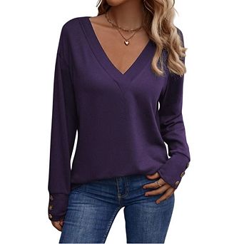 Women Casual Long Sleeve V Neck Sweatshirts Cute Loose Fit Lightweight Pullover Tops
