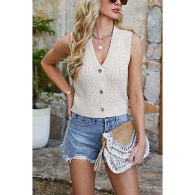 Womens Cropped V Neck Button Down Y2k Knit Trendy Sleeveless Sweater Vest