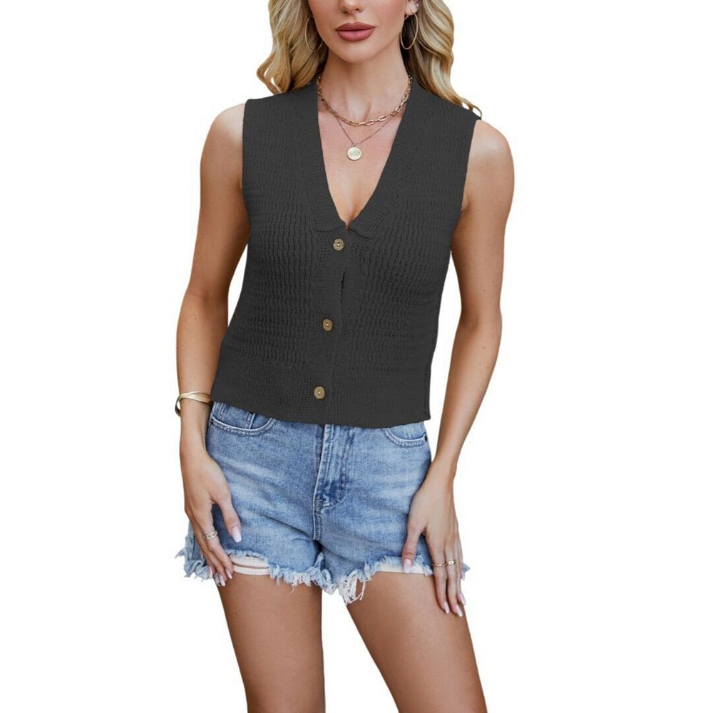 Womens Cropped V Neck Button Down Y2k Knit Trendy Sleeveless