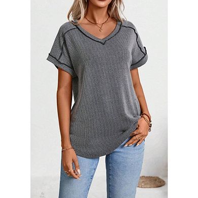 Womens V Neck Cap Short Sleeve Ribbed Business Casual Loose Fit Basic Tees