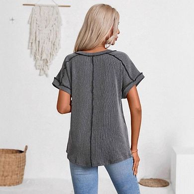 Womens V Neck Cap Short Sleeve Ribbed Business Casual Loose Fit Basic Tees