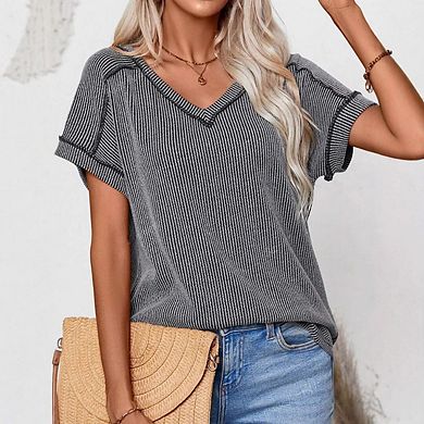 Womens V Neck Cap Short Sleeve Ribbed Business Casual Loose Fit Basic Tees