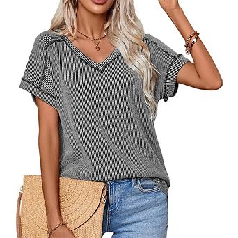 Womens V Neck Cap Short Sleeve Ribbed Business Casual Loose Fit Basic Tees
