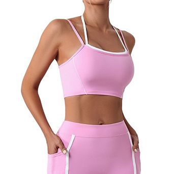 Women Two-in-One Halter Neck Yoga Bra Moisture Wicking Workout Top Stretch Built-in Bra Yoga Vest