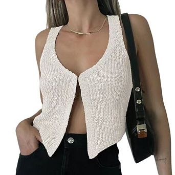 Women Sleeveless Knit V Neck Open Front Tie Up Crochet Casual Vintage Y2k Sweater Vest