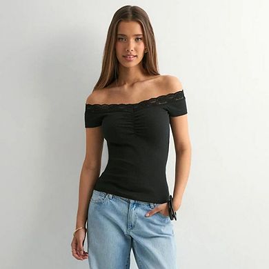 Women Lace Off Shoulder Long Sleeve Shirt Basic Knit Going Out Tops