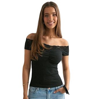 Women Lace Off Shoulder Long Sleeve Shirt Basic Knit Going Out Tops