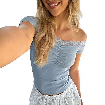 Women Lace Off Shoulder Long Sleeve Shirt Basic Knit Going Out Tops
