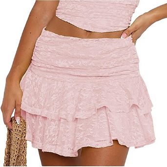 Women Lace Mini Skirts Low Elastic Rise Ruffle Half Slip Skirt Pleated Layered Flowy Short Skirt