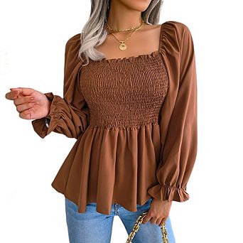 Women's Square Neck Lantern Long Sleeve Tops Shirred Ruffle Hem Smocked Peplum Babydoll Blouse