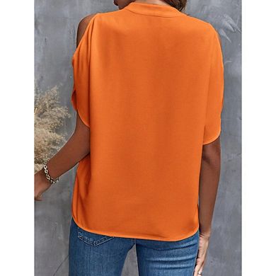 Women's Cold Shoulder Short Sleeve V Neck Casual Loose Solid Color Blouse Shirts