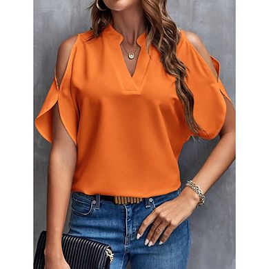 Women's Cold Shoulder Short Sleeve V Neck Casual Loose Solid Color Blouse Shirts