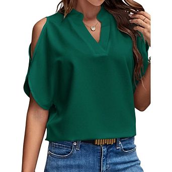 Women's Cold Shoulder Short Sleeve V Neck Casual Loose Solid Color Blouse Shirts