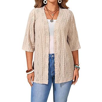 Women's Textured Open Front Half Sleeve Knitted Outerwear Lightweight Sweater Cardigan