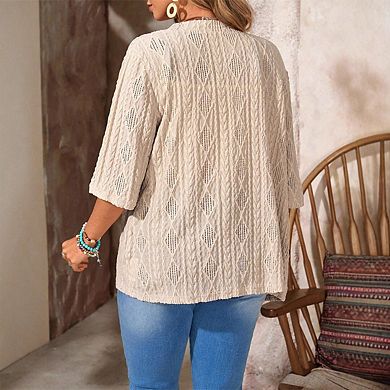 Women's Textured Open Front Half Sleeve Knitted Outerwear Lightweight Sweater Cardigan