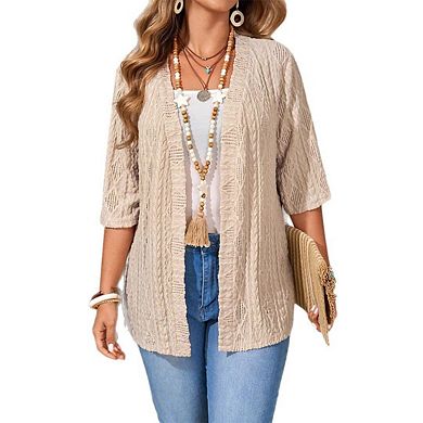 Women's Textured Open Front Half Sleeve Knitted Outerwear Lightweight Sweater Cardigan