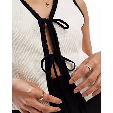 Women's Bow Tie Crochet Sweater Vest Contrast Binding Knot Front V Neck Knit Tops