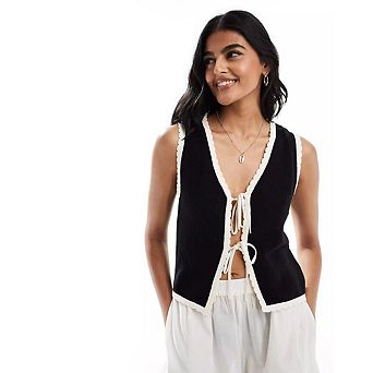 Women's Bow Tie Crochet Sweater Vest Contrast Binding Knot Front V Neck Knit Tops