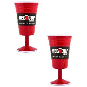 Reusable Red Plastic Wine Glasses with Stem, 8oz Set of 2 Durable Stemmed Party Cups